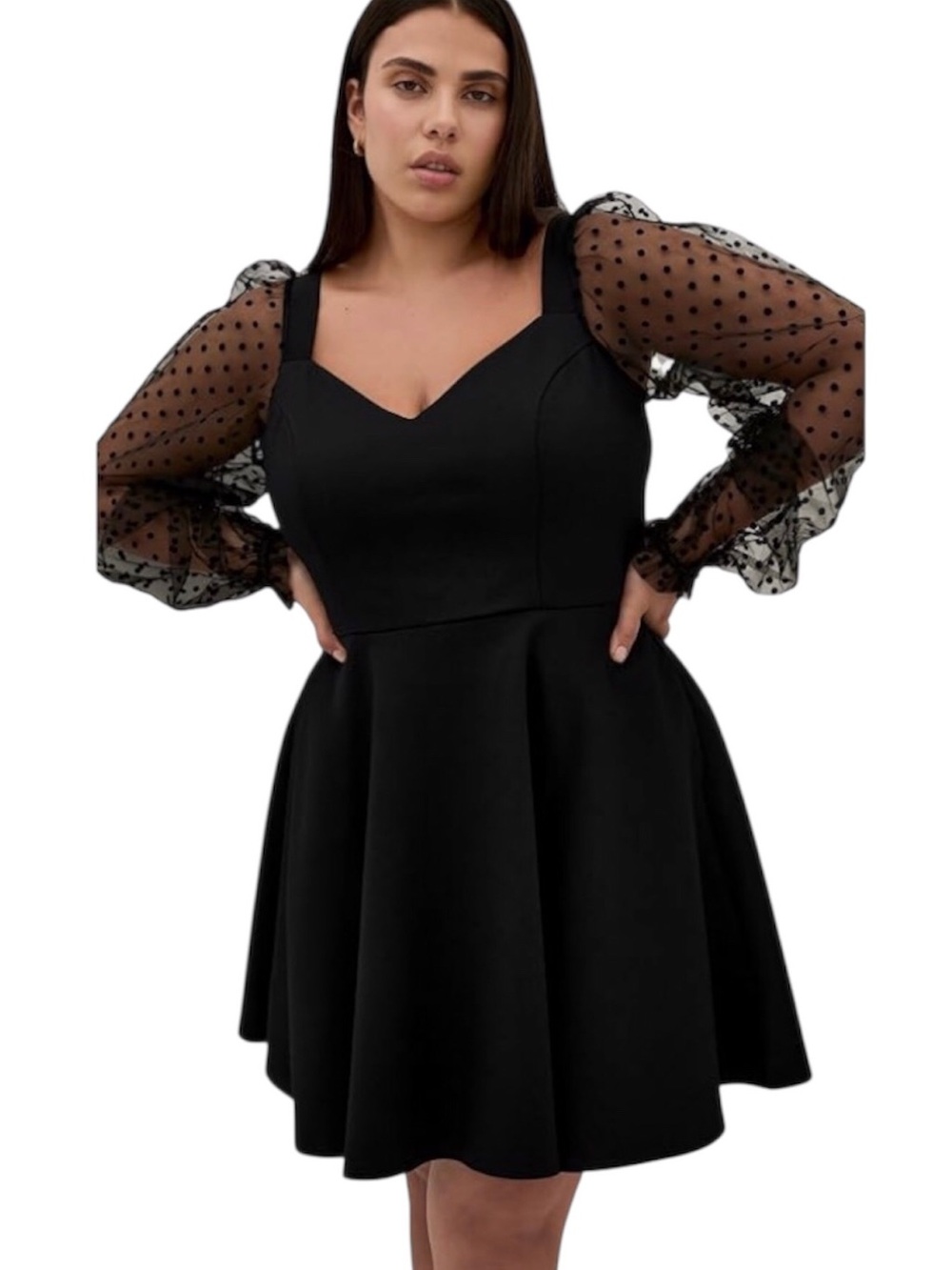 City Chic Asher Spot Sleeve Black Skater Dress, 30 Plus, NWT